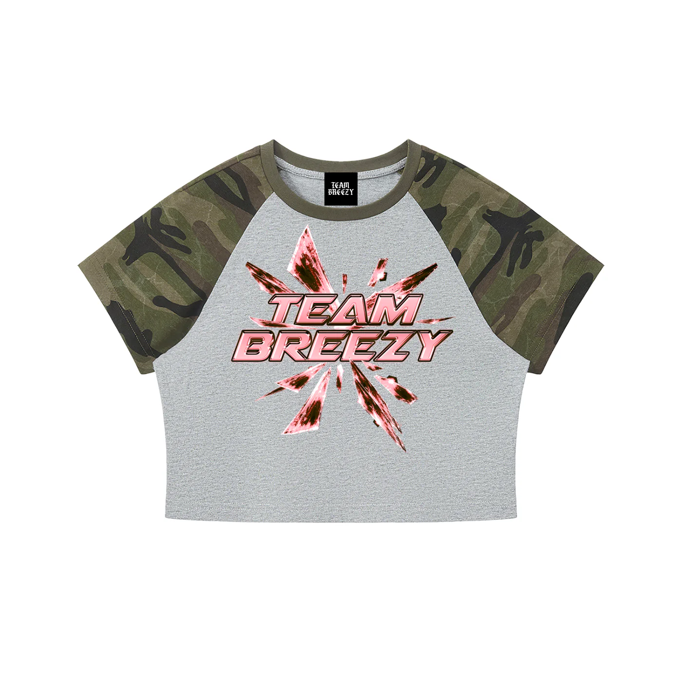 TEAM BREEZY DRIFT Women’s Green Camo Raglan Crop T-Shirt